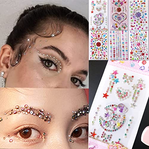 6 Sheets Eye Face Body Gems Jewels Rhinestone Temporary Tattoo Nail Art Stickers, Self Adhesive Crystal Rainbow Makeup Mobile PC Diamonds Face Stick Gems for Party Body Rhinestone