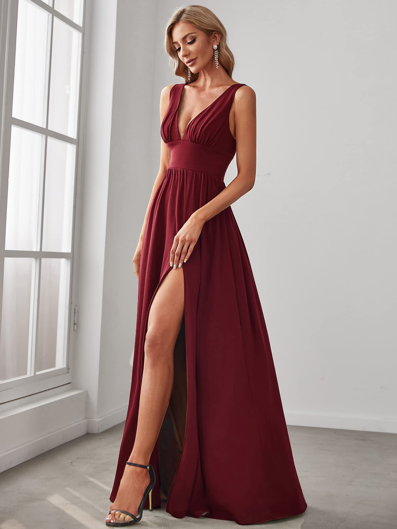 Ever-Pretty Women's Bridemaids Dresses Deep V-Neck Sleeveless Side Slit Floor Length Wedding Guest Dress Burgundy US4