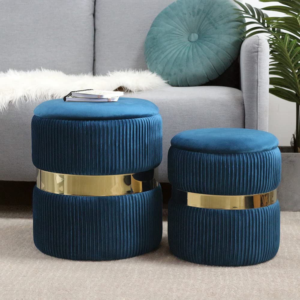 YYW HOME Ottoman with Storage - Bule Velvet Ottoman for Living Room, Velvet Storage Ottoman for Kids Room,Gold Ottoman with Storage, Vanity Chair for Bedroom,Set of 2 Velvet Ottoman (Blue)