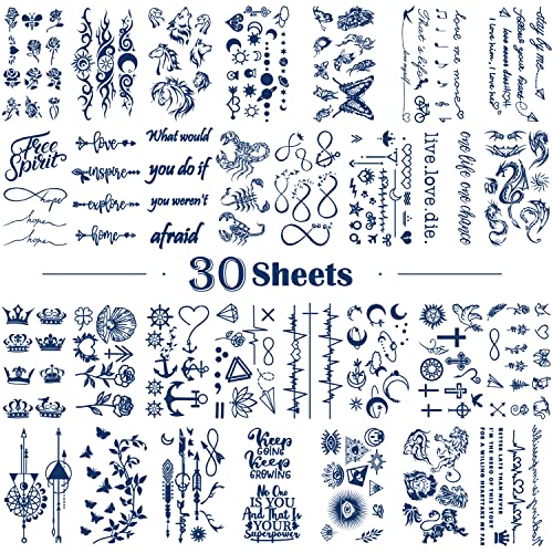 Metuu 30 Sheets Semi-Permanent Tattoos Waterproof Last 1-2 Weeks，Positive Words Flower Crown Butterfly Tiny Fake Temporary Tattoo Stickers For Women Men Girls