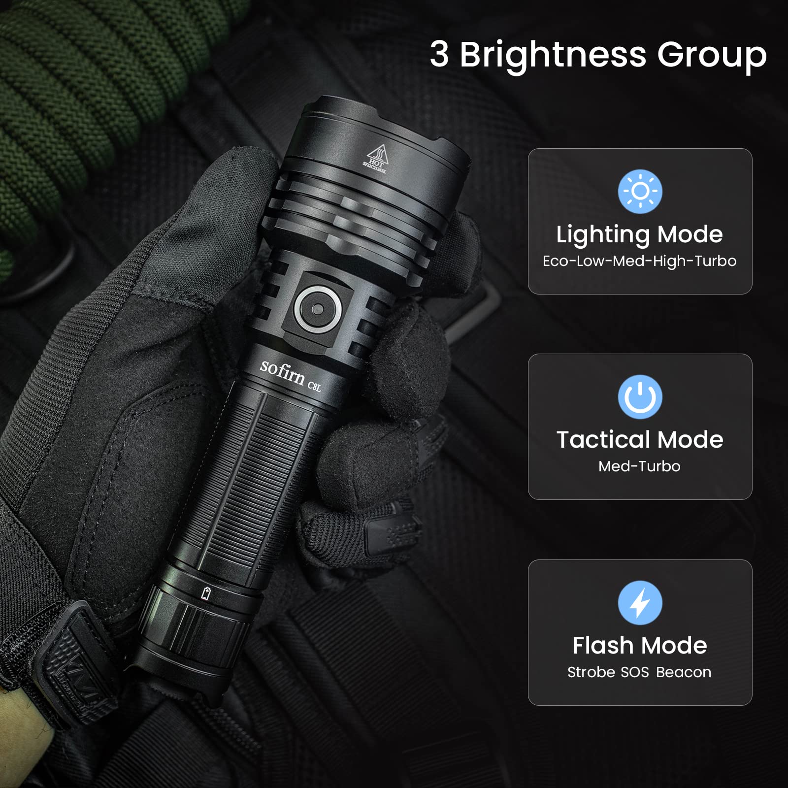 sofirn C8L Rechargeable Flashlight with 3100 Lumens, Tactical Flashlight Up to 531m, IPX8 Waterproof, for Emergency, Heavy Duty, Search and Outdoor Use