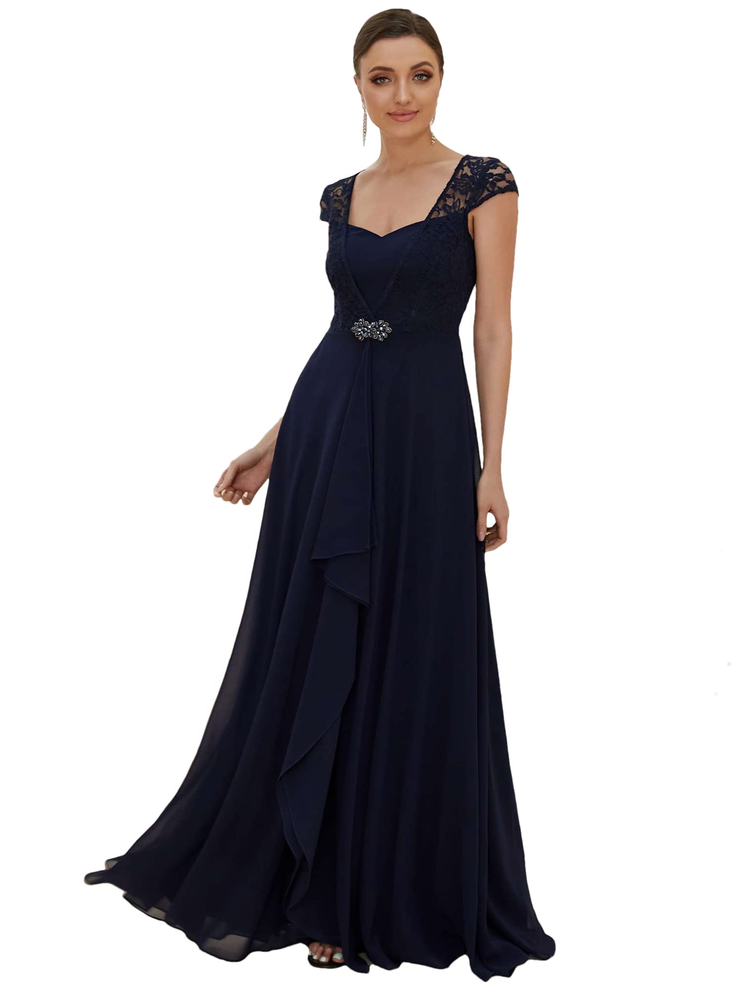 Ever-Pretty Women's Cap Sleeve Floral Lace V-Neck Maxi Summer Dress for Women Navy Blue US6