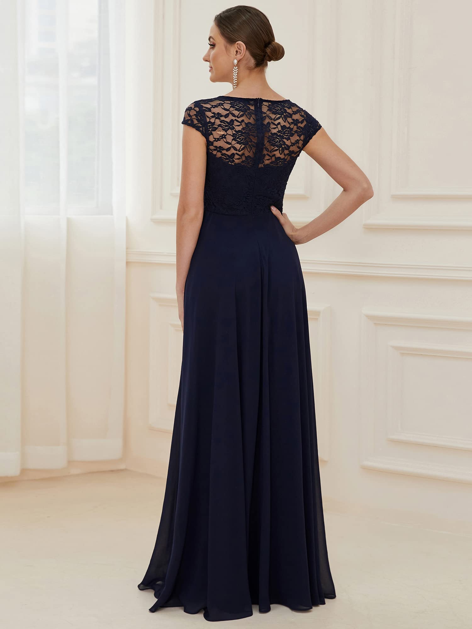 Ever-Pretty Women's Cap Sleeve Floral Lace V-Neck Maxi Summer Dress for Women Navy Blue US6