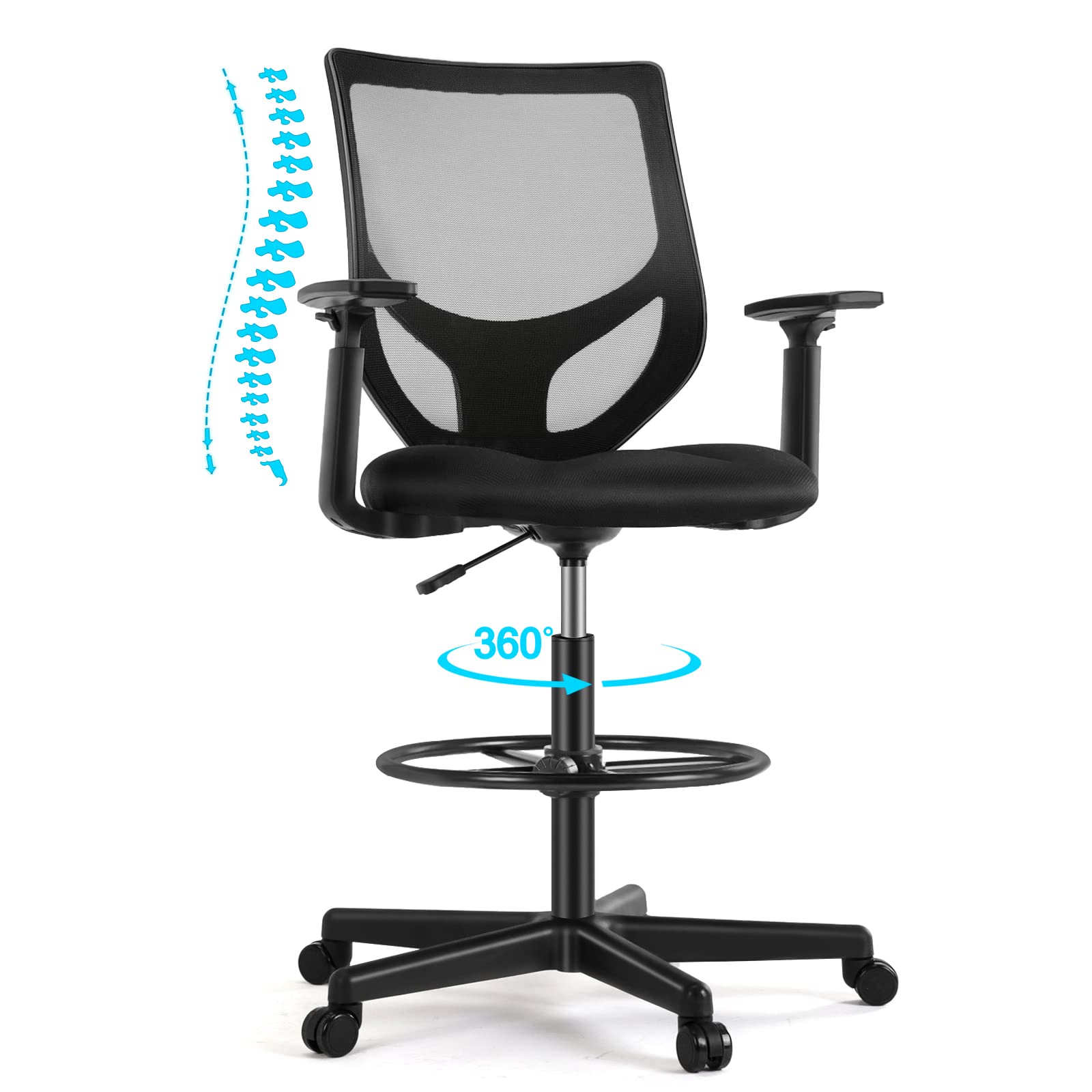 AFO Tall Drafting Chair with Adjustable Foot Ring, Ergonomic Lumbar Supportive Armrest High Resilience Sponge, Breathable Mesh, 360 Degree Swivel Rolling for Standing Desk, Dark Black