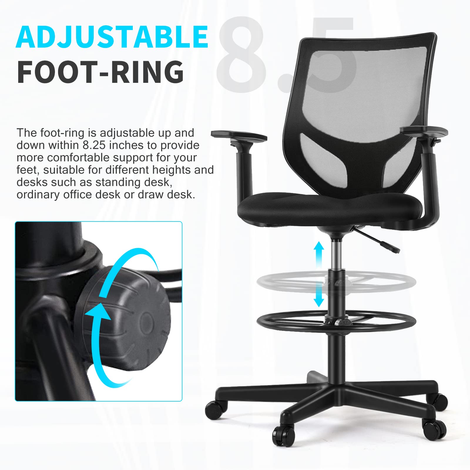 AFO Tall Drafting Chair with Adjustable Foot Ring, Ergonomic Lumbar Supportive Armrest High Resilience Sponge, Breathable Mesh, 360 Degree Swivel Rolling for Standing Desk, Dark Black