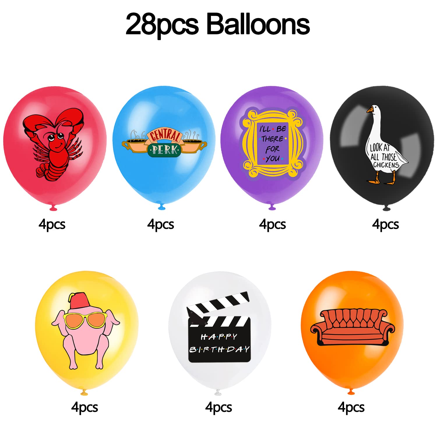 28Pcs Balloons for Friends Birthday Party Supplies, Includes 7 Styles Printed Ideal for TV Show Party Decorations Favors