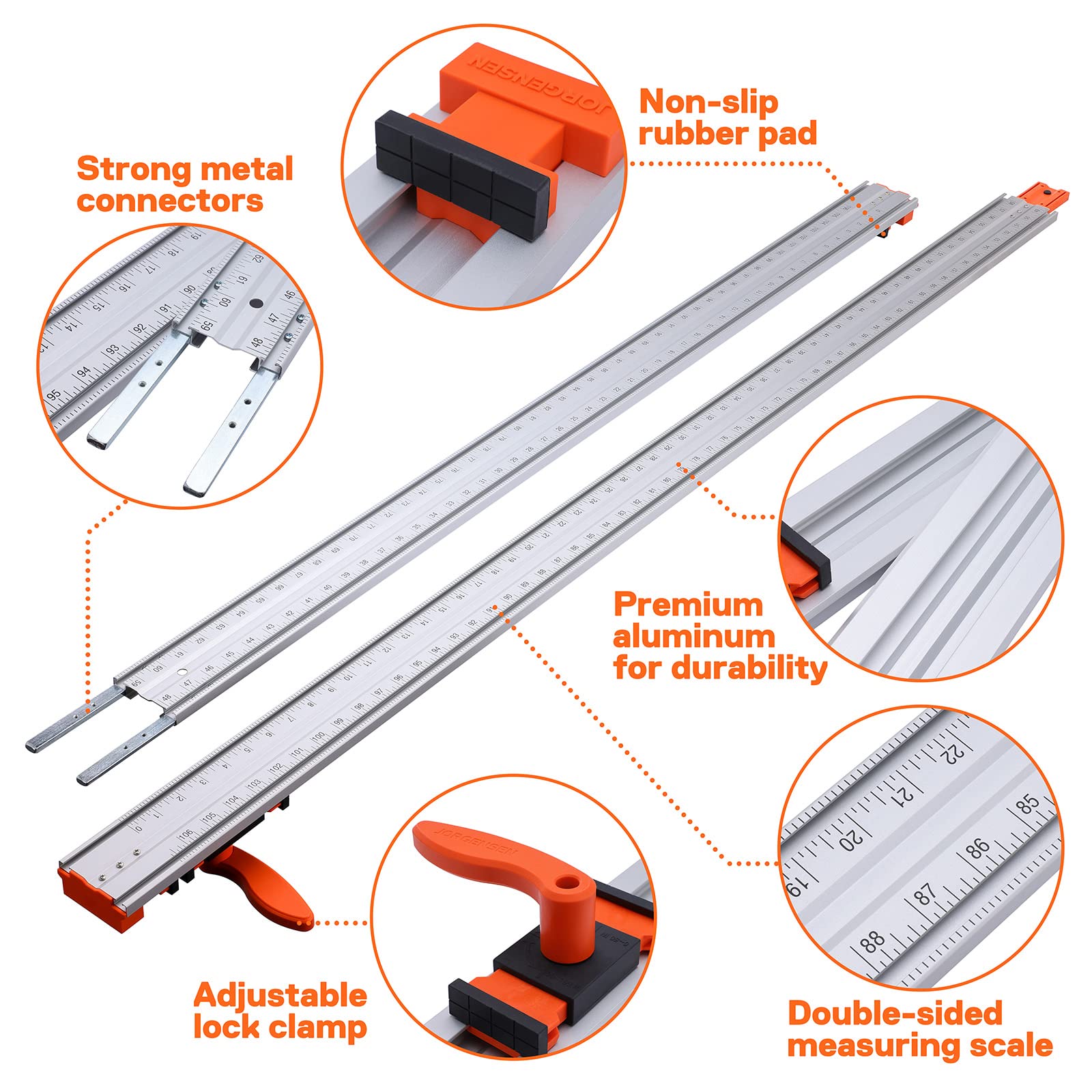 JORGENSEN 100in Circular Saw Guide with 50in Straight Cut Extension Rail - For Woodworking, Contractors, Carpenters and DIY