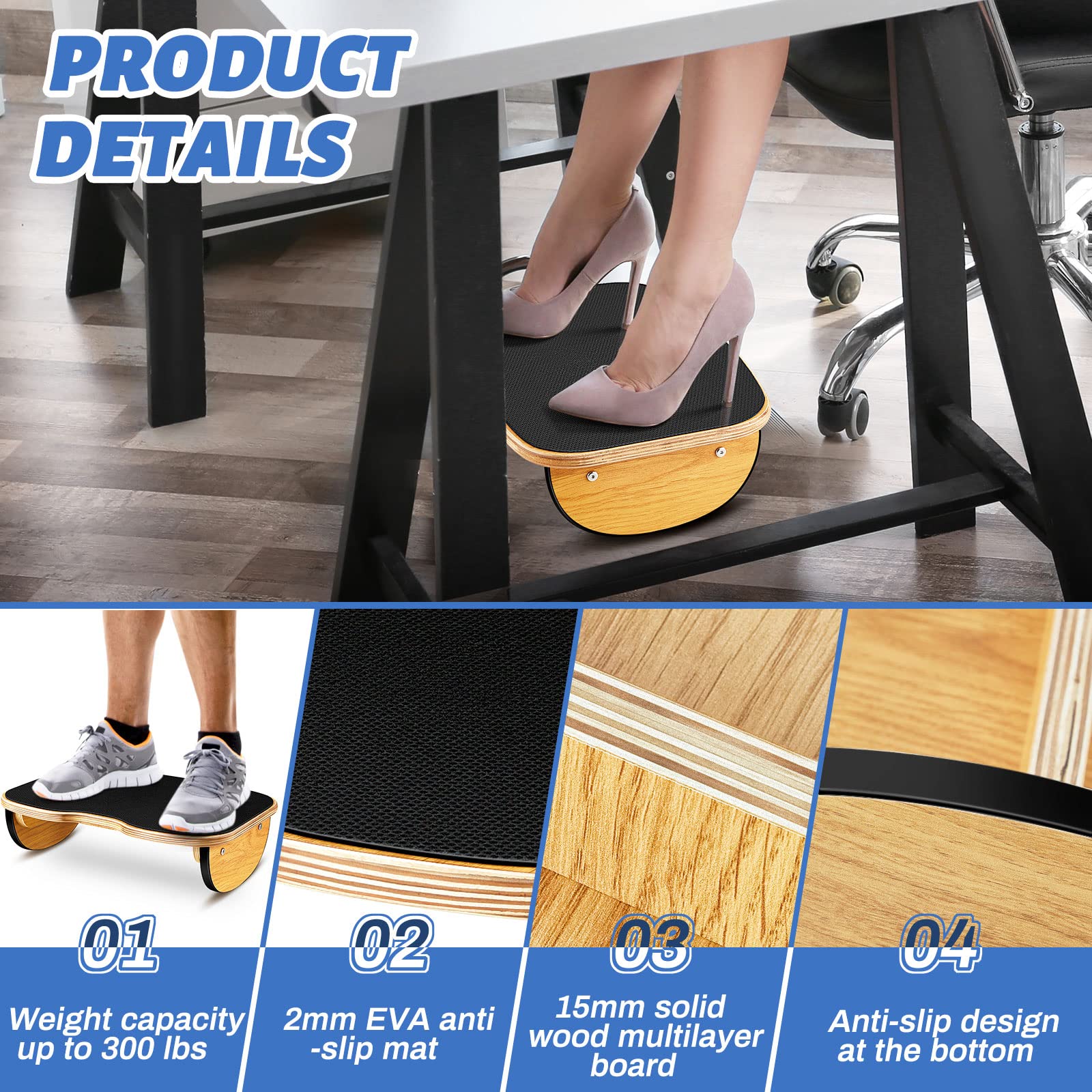 Foot Stool Under Desk Wood Larger Size Office Desk Footrest Rocking Foot Nursing Stool Rocker Balance Board for Supporting Relieving Leg Pressure, Home and Office Use, 15.8 x 11 x 4.3 Inches