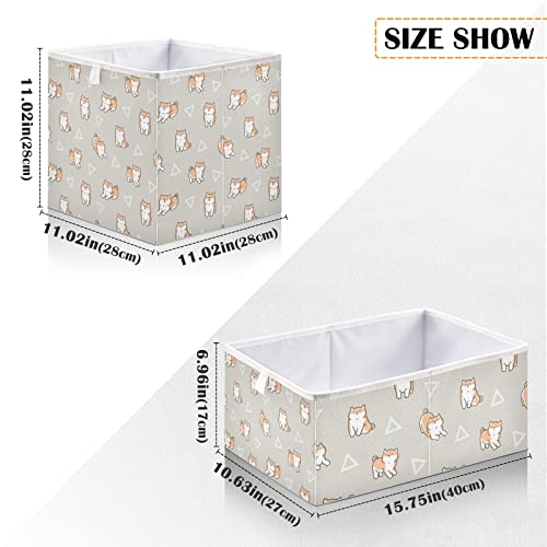 Seamless Cute Cartoon Shiba Inu Dogs Geometric Triangles on Warm Grey Rectangular Storage Basket Bin, Collapsible Storage Box, Foldable Nursery Baskets Organizer for Toy, Clothes Easy to Assemble