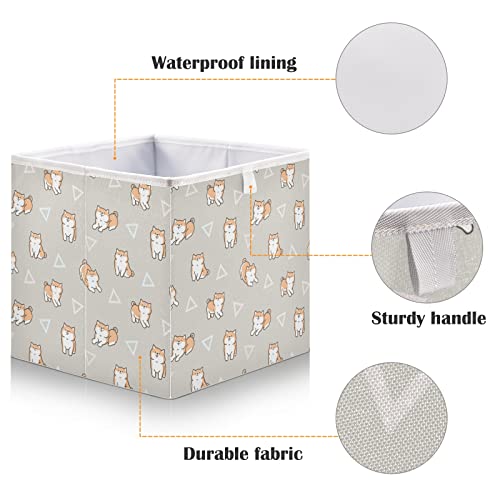 Seamless Cute Cartoon Shiba Inu Dogs Geometric Triangles on Warm Grey Rectangular Storage Basket Bin, Collapsible Storage Box, Foldable Nursery Baskets Organizer for Toy, Clothes Easy to Assemble