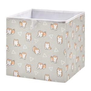 seamless cute cartoon shiba inu dogs geometric triangles on warm grey square storage basket bin, collapsible storage box, foldable nursery baskets organizer for toy, clothes easy to assemble