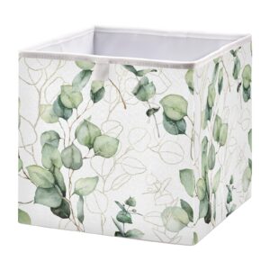 gold eucalyptus branches, green eucalyptus leaves golden linear leaves square storage basket bin, collapsible storage box, foldable nursery baskets organizer for toy, clothes easy to assemble