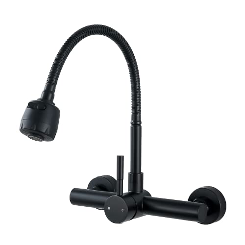 ZHYICH Kitchen Sink Faucet Wall Mount with Sprayer, Stainless Steel Mixer Tap, Matte Black Finish, NSF and Lead-Free Certified for Utility and Laundry Sink Faucet