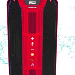 Altec Lansing HydraShock Bluetooth Speaker USB Type-C Rechargeable Portable Speaker Wireless Charger for Phone, Stereo Speaker w/LED Lights for Pool Beach Hiking Camping, 20 Hour Playtime (Red)