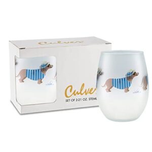 culver coastal decorated frosted stemless wine glass, 21-ounce, gift boxed set of 2 (fedora dachshund dogs)