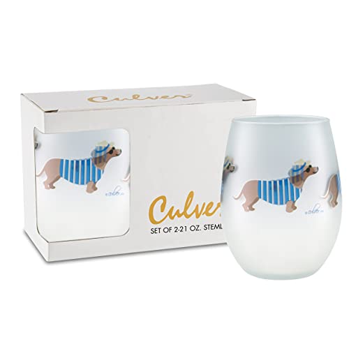 Culver Coastal Decorated Frosted Stemless Wine Glass, 21-Ounce, Gift Boxed Set of 2 (Fedora Dachshund Dogs)