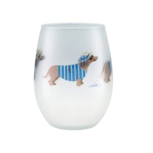 Culver Coastal Decorated Frosted Stemless Wine Glass, 21-Ounce, Gift Boxed Set of 2 (Fedora Dachshund Dogs)