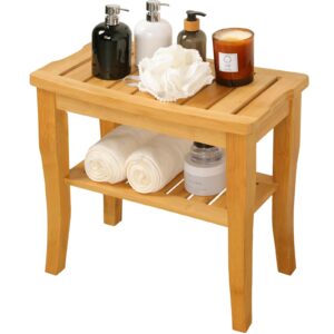 vvw bamboo shower bench with storage shelf,19 inch 2-tier wooden spa seat bath stool for indoor, shower chair bamboo for adults seniors women elderly