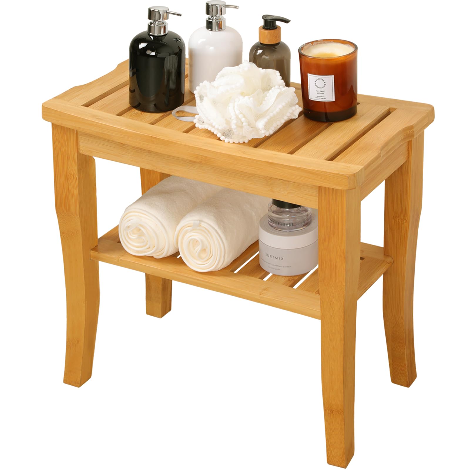 VVW Bamboo Shower Bench with Storage Shelf,19 Inch 2-Tier Wooden Spa Seat Bath Stool for Indoor, Shower Chair Bamboo for Adults Seniors Women Elderly