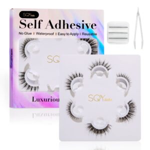 sqylashes glueless lashes, adhesive lashes no glue, stick on lashes, self adhesive eyelashes natural look, reusable and waterproof (black color, 3 pairs)