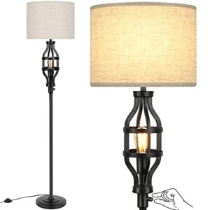 farmhouse floor lamp with night light, black standing lamp for living room, vintage 2-light tall lamp with fabric drum shade, industrial pole light with e26 edison base for bedroom home decor