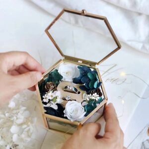 WHSLILR Vintage Glass Jewelry Box - Hexagon Gold Glass Box Keepsake Box for Storage Ring Earring Trinket, Jewelry Organizer and Decorative Box Gift for Women and Girls