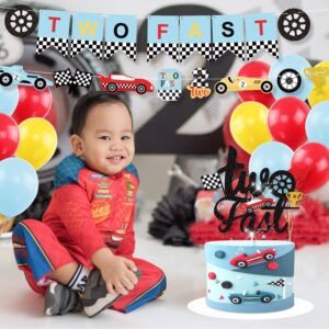 Race Car Two Fast Party Decorations Supplies Racing Theme 2nd Birthday Party Banner Race Car Second Birthday Cake Topper Checkered Flags Balloons for Let's go Racing Theme Sports Event Party Supplies