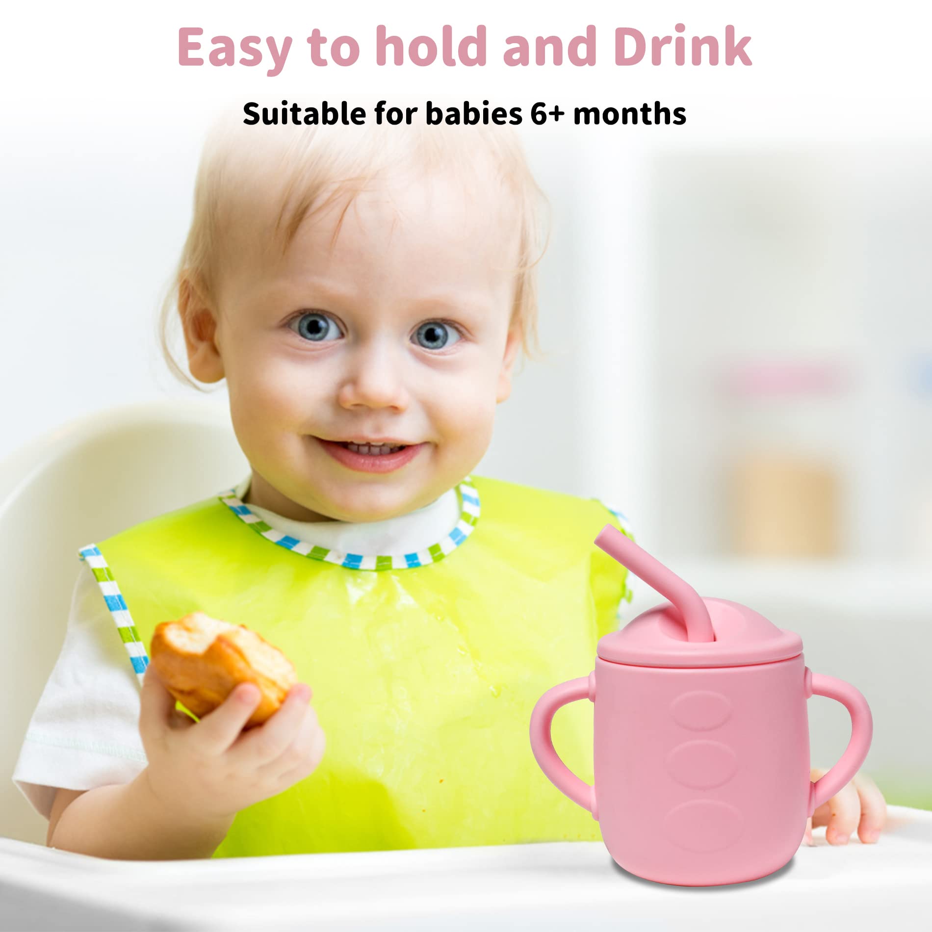 Adocham 100% Silicone Baby Cup With Straw & 2 Handles,Food Grade Toddler Infant Sippy Training Cups Spill Proof,BPA-Free,6 Months+,5oz (Pink)