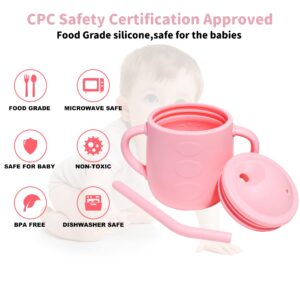 Adocham 100% Silicone Baby Cup With Straw & 2 Handles,Food Grade Toddler Infant Sippy Training Cups Spill Proof,BPA-Free,6 Months+,5oz (Pink)