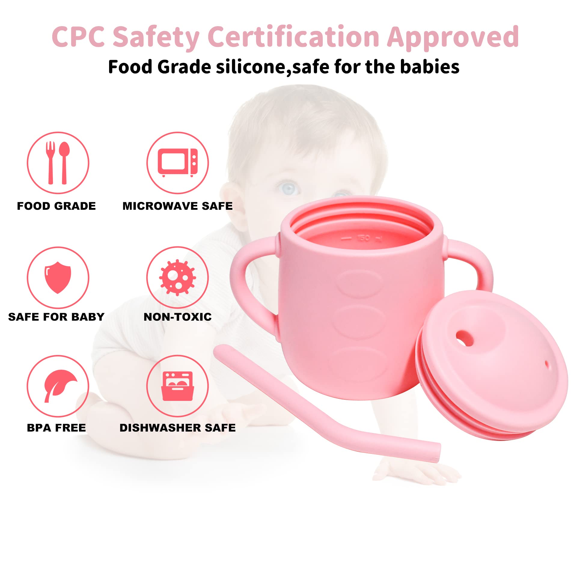 Adocham 100% Silicone Baby Cup With Straw & 2 Handles,Food Grade Toddler Infant Sippy Training Cups Spill Proof,BPA-Free,6 Months+,5oz (Pink)