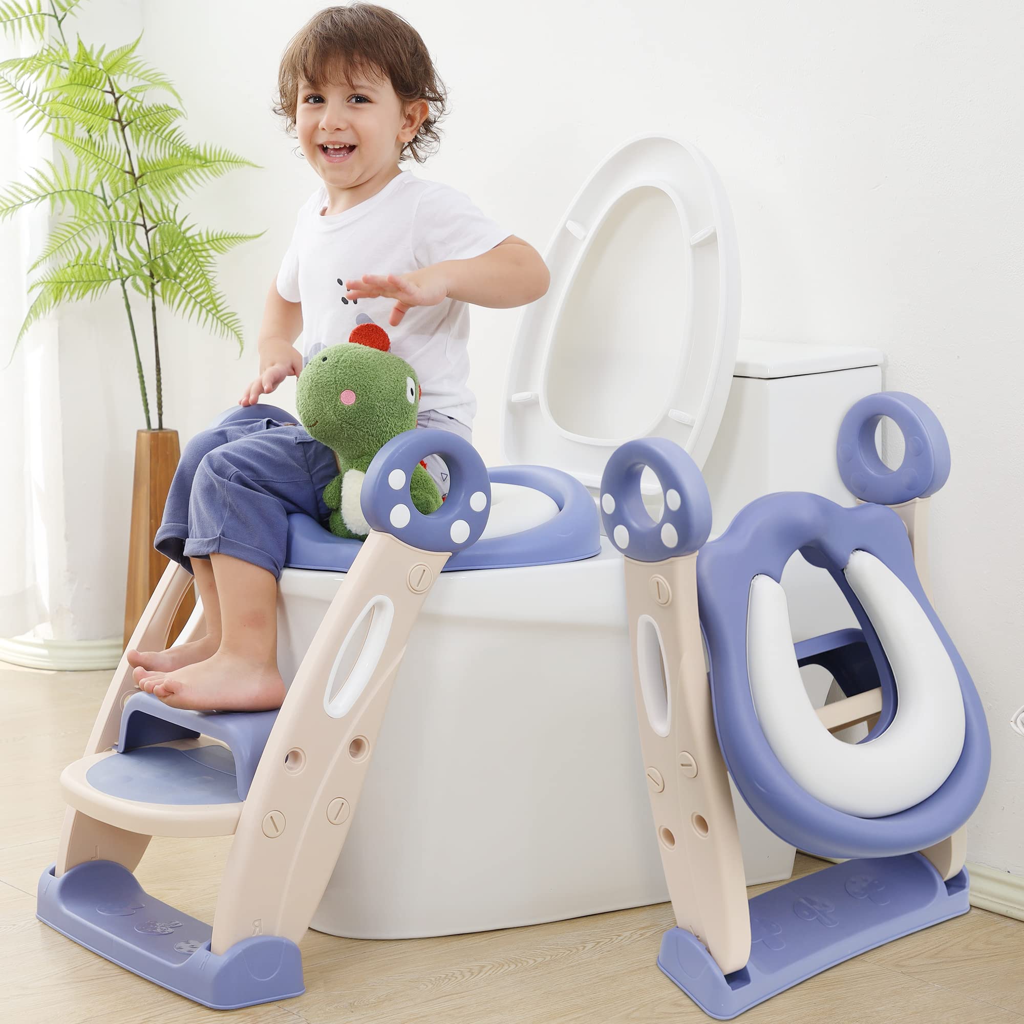 Potty Training Seat with Ladder, Toddler Toilet Seat with Double Step Stools, Newest Potty Training Toilet with Anti-Slip and Mushroom Shape Design for Kids Boys and Girls(Blue)