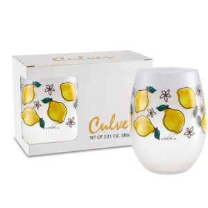culver everyday decorated frosted stemless wine glass, 21-ounce, gift boxed set of 2 (all over lemons)