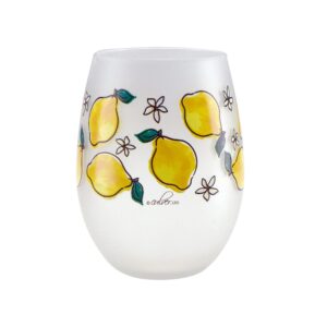 Culver Everyday Decorated Frosted Stemless Wine Glass, 21-Ounce, Gift Boxed Set of 2 (All Over Lemons)