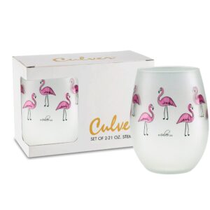 culver tropical decorated frosted stemless wine glass, 21-ounce, gift boxed set of 2 (flamingos)