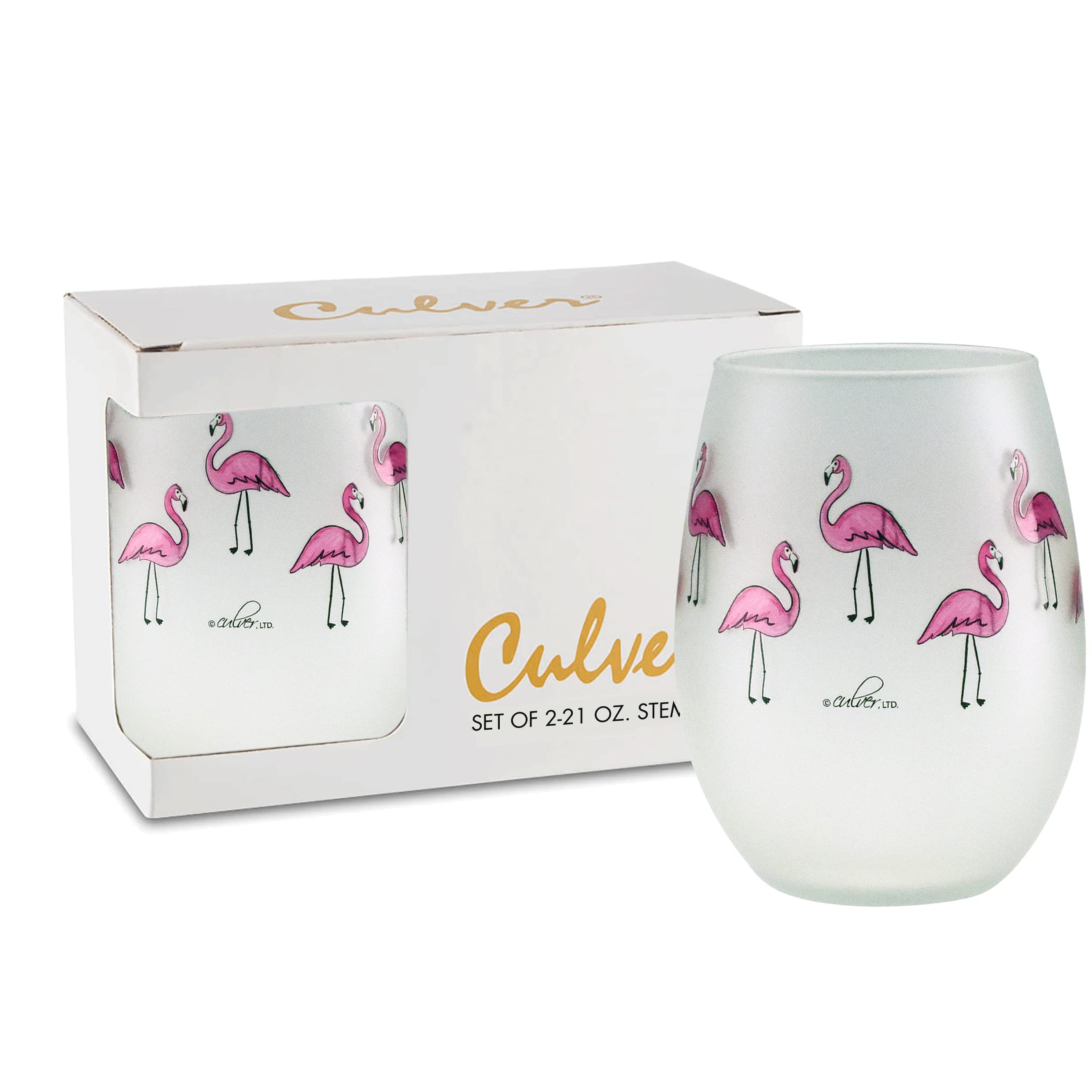 Culver Tropical Decorated Frosted Stemless Wine Glass, 21-Ounce, Gift Boxed Set of 2 (Flamingos)