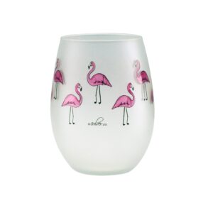 Culver Tropical Decorated Frosted Stemless Wine Glass, 21-Ounce, Gift Boxed Set of 2 (Flamingos)