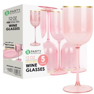 party bargains 5 wine goblets - pink gold rim (12oz) - disposable shatterproof elegant design plastic wine glasses with stem - for pool parties, outdoors receptions, weddings