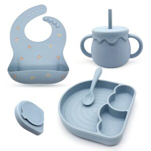santi & me baby feeding set divided plate with suction, adjustable silicone bib, toddler training sippy cup with straw, baby led weaning spoon, rainbow plate dishes and utensils set(dusty blue)