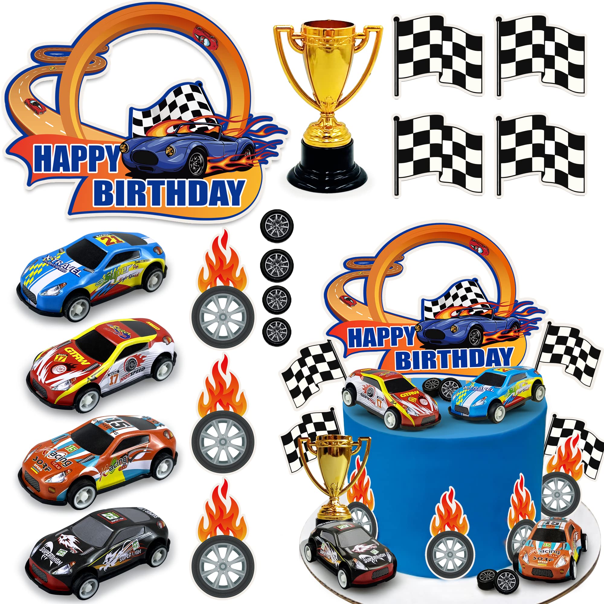 24PCS Race Car Happy Birthday Cake Decoration Race Car Cake Toppers Checkered Flag Themed Cake Decoration Race Car Themed Birthday Party Supplies Boy and Girl Cake Decoration