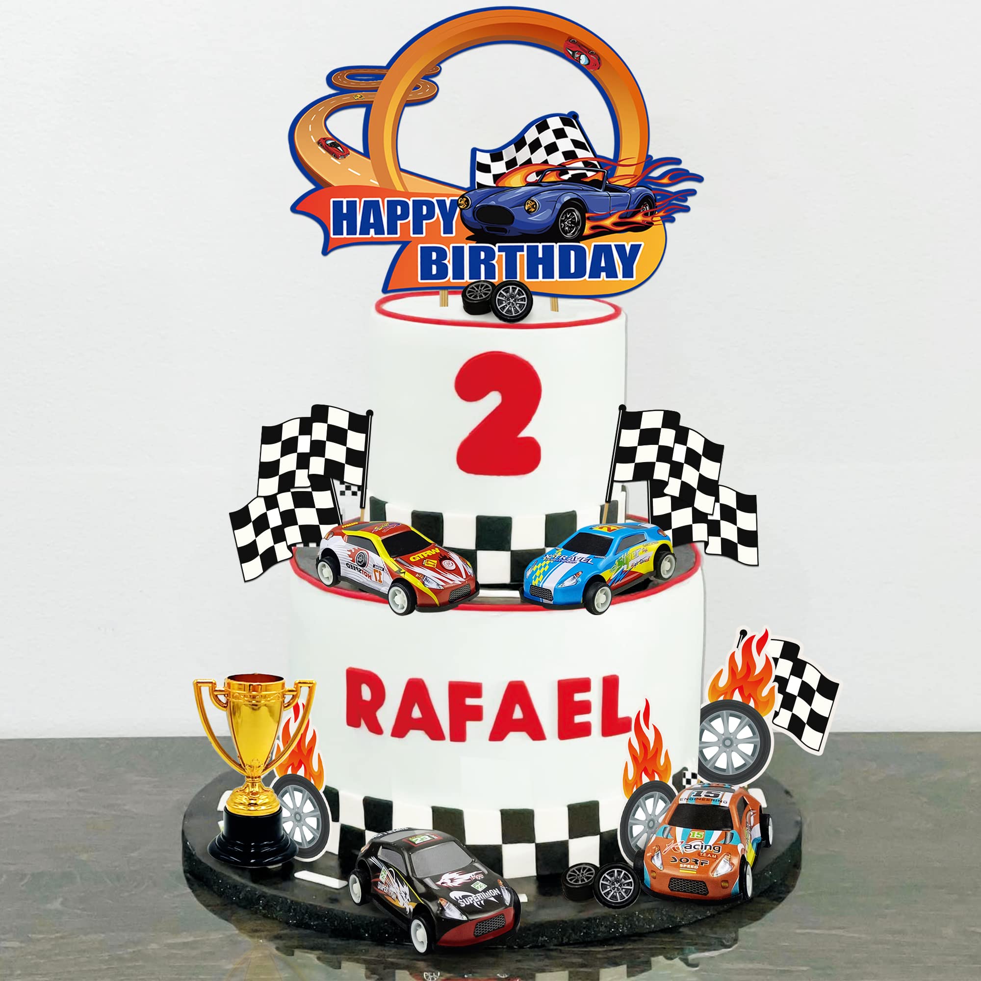 24PCS Race Car Happy Birthday Cake Decoration Race Car Cake Toppers Checkered Flag Themed Cake Decoration Race Car Themed Birthday Party Supplies Boy and Girl Cake Decoration