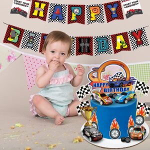 24PCS Race Car Happy Birthday Cake Decoration Race Car Cake Toppers Checkered Flag Themed Cake Decoration Race Car Themed Birthday Party Supplies Boy and Girl Cake Decoration