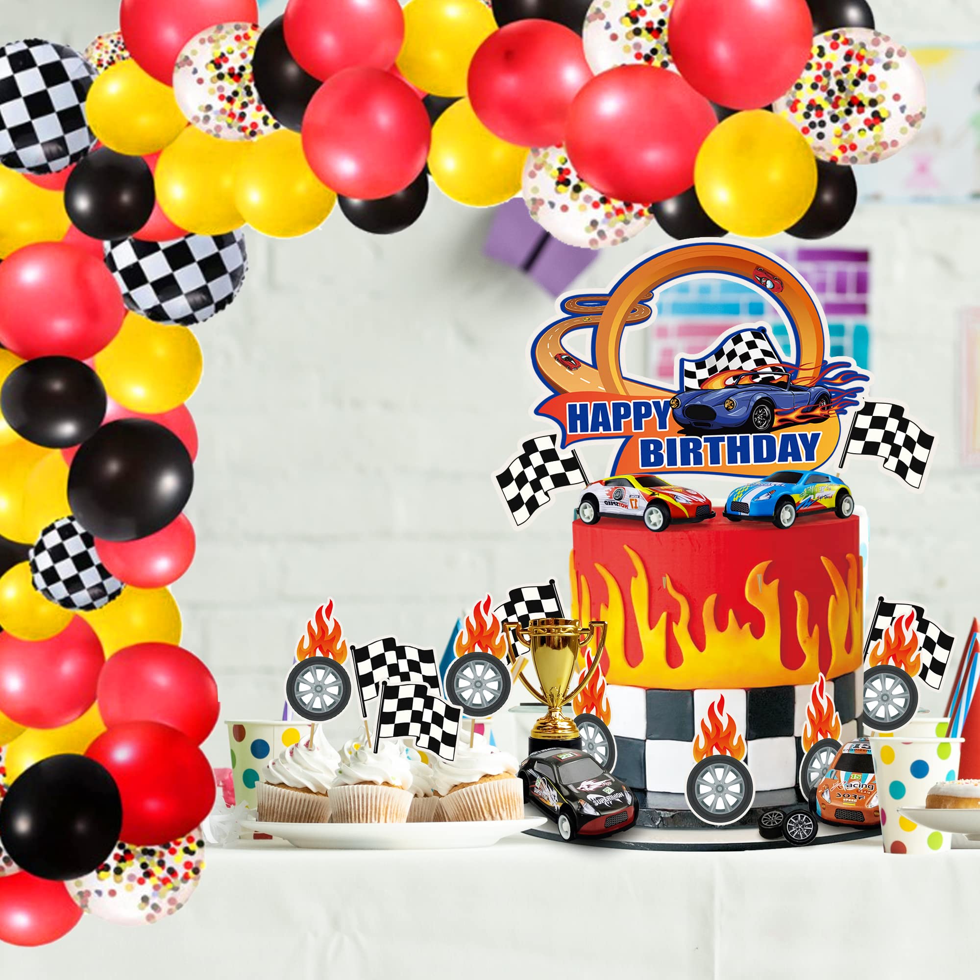 24PCS Race Car Happy Birthday Cake Decoration Race Car Cake Toppers Checkered Flag Themed Cake Decoration Race Car Themed Birthday Party Supplies Boy and Girl Cake Decoration