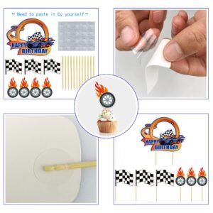 24PCS Race Car Happy Birthday Cake Decoration Race Car Cake Toppers Checkered Flag Themed Cake Decoration Race Car Themed Birthday Party Supplies Boy and Girl Cake Decoration