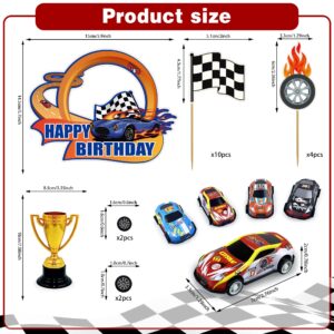 24PCS Race Car Happy Birthday Cake Decoration Race Car Cake Toppers Checkered Flag Themed Cake Decoration Race Car Themed Birthday Party Supplies Boy and Girl Cake Decoration