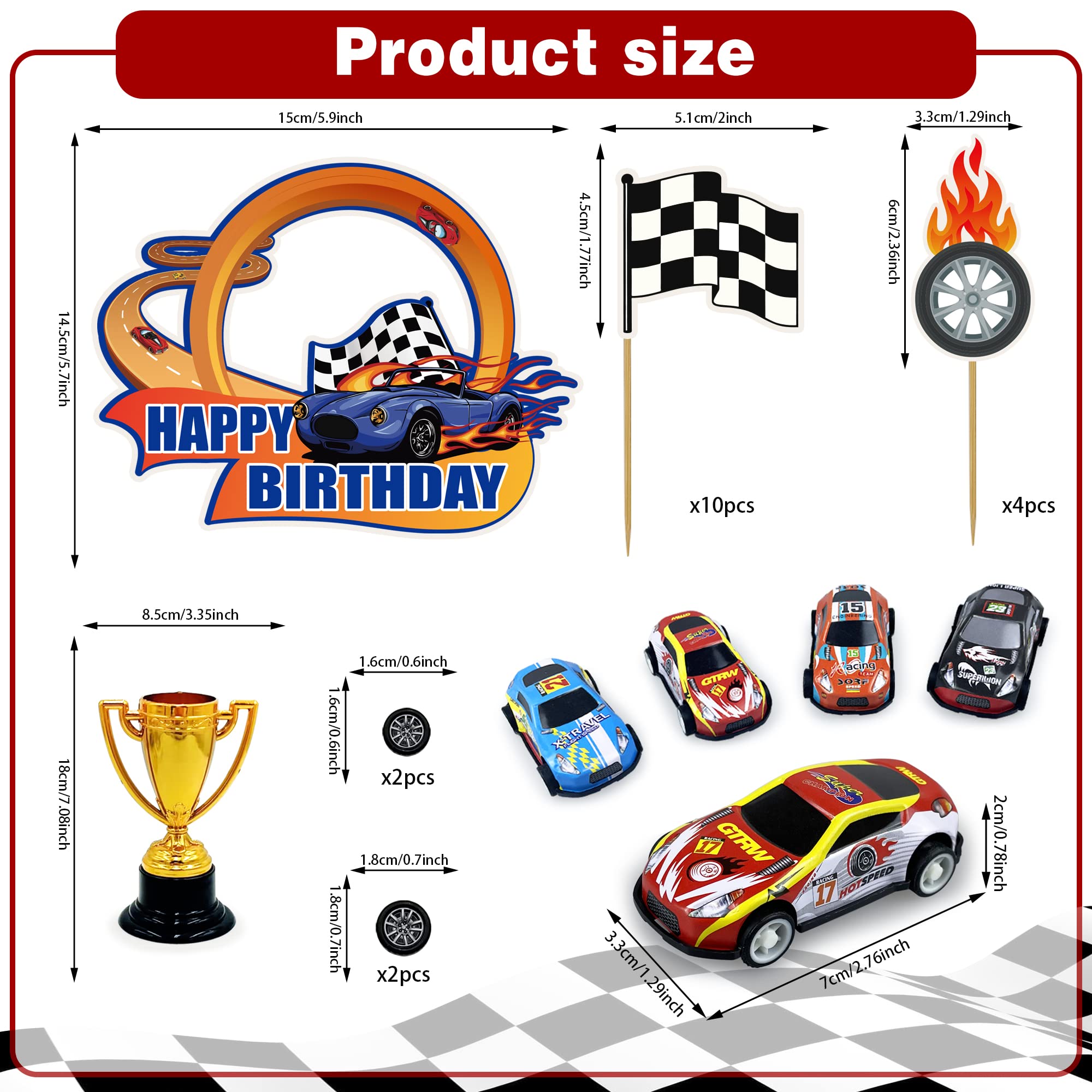 24PCS Race Car Happy Birthday Cake Decoration Race Car Cake Toppers Checkered Flag Themed Cake Decoration Race Car Themed Birthday Party Supplies Boy and Girl Cake Decoration