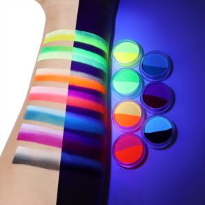 Water Activated Split Cake Eyeliner, UV Blacklight Glow Fluorescent Paint, Onmay 14 Bright Color Retro Graphic Hydra Eye Liner, Body Face Paint, Halloween Makeup (14color)