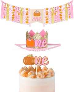 little pumpkin first birthday decorations fall high chair banner with glitter pumpkin cake topper one crown hat and balloons for baby girls cake smash photo prop backdrop supplies