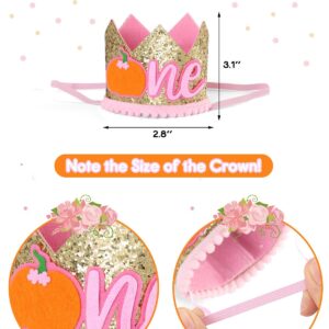 Little Pumpkin First Birthday Decorations Fall High Chair Banner with Glitter Pumpkin Cake Topper One Crown Hat and Balloons for Baby Girls Cake Smash Photo Prop Backdrop Supplies