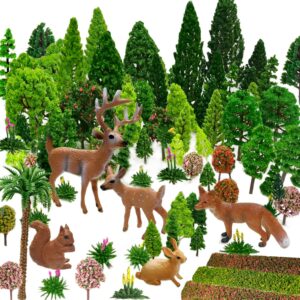 orgmemory 70pcs mixed model trees, ho scale bushes with animals figures, plastic trees for projects 1.5-6 inch(4-16 cm), model train scenery