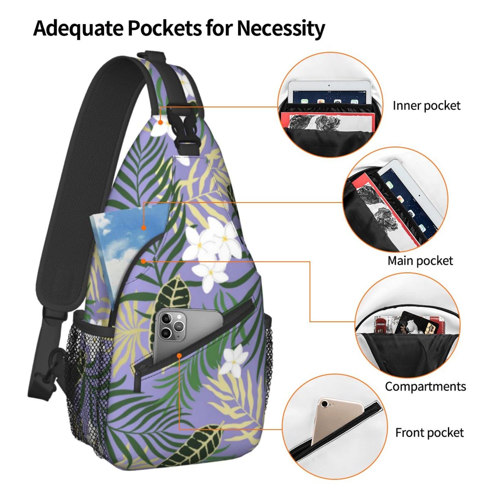 ASYG Hawaiian Tropical Flower Sling Bag Travel Hiking Casual Daypack Crossbody Shoulder Backpack Unisex Chest Bag